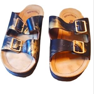 Rohde Leather Nutbuck Naturform Gold Metallic Backless Sandals Women Size 37.